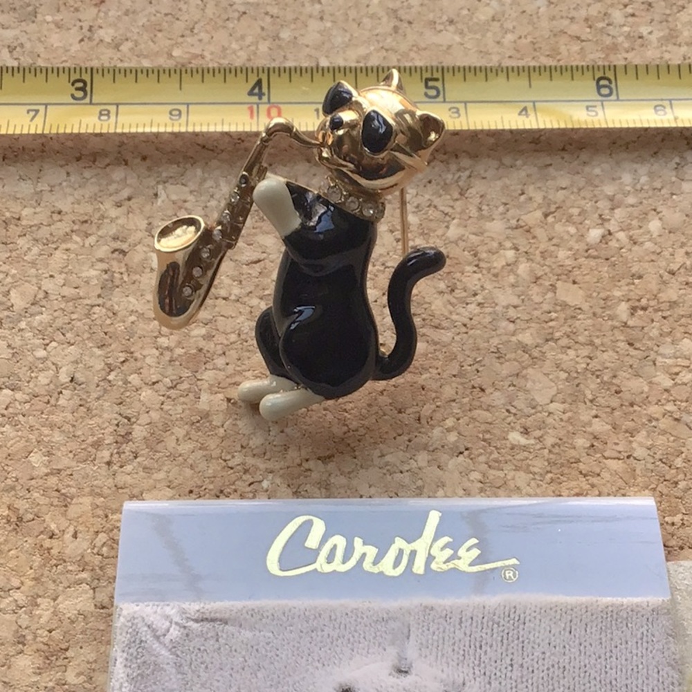 Carolee Cat Saxophone Black Cream Enamel Brooch Pin